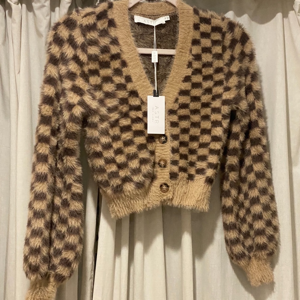 Astr Brown Checkered Fuzzy V-Neck Cardigan